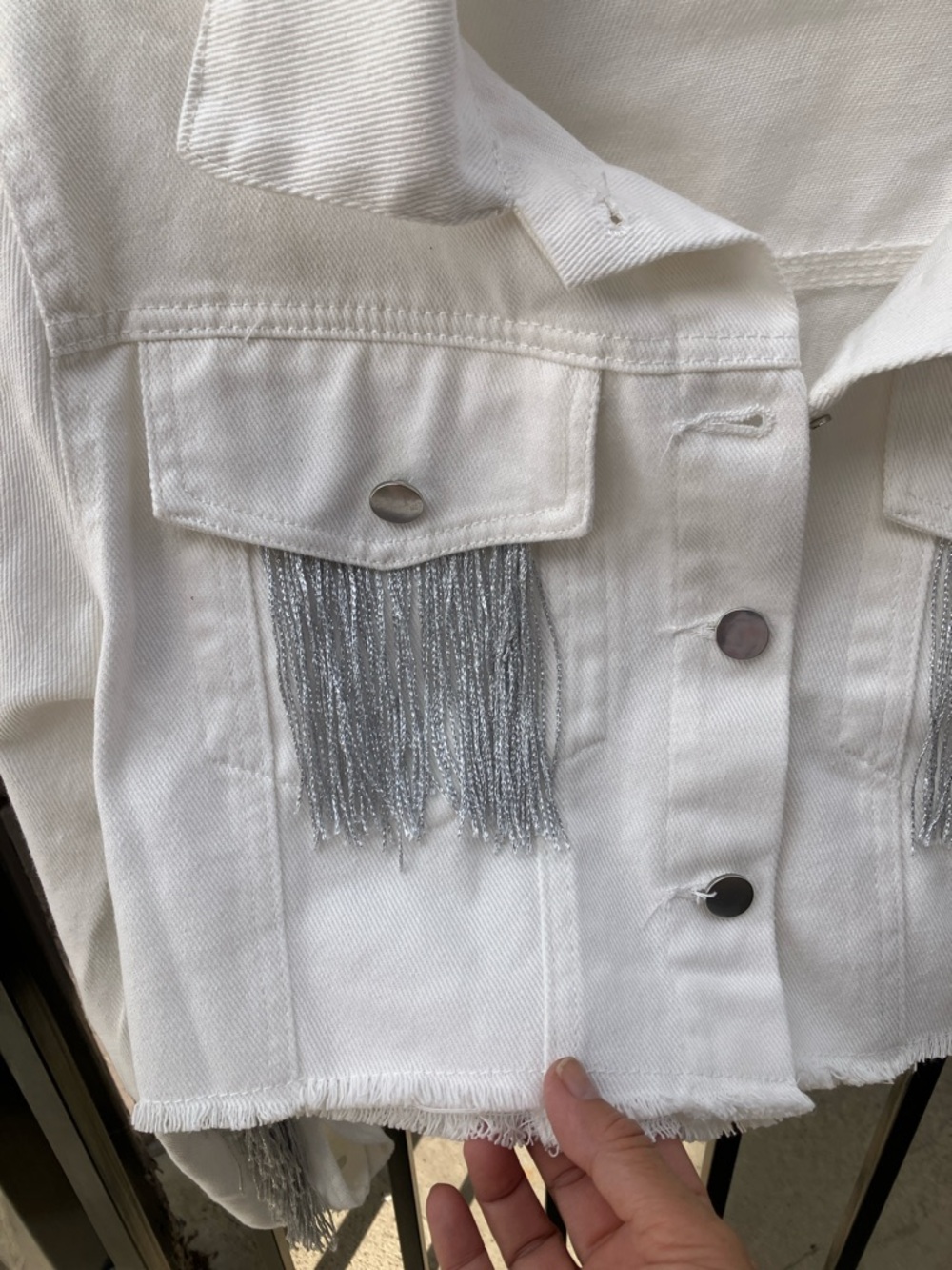 Cropped White Fringe Denim Jacket for Women — Distinctive Western Style - Picture 2 of 9